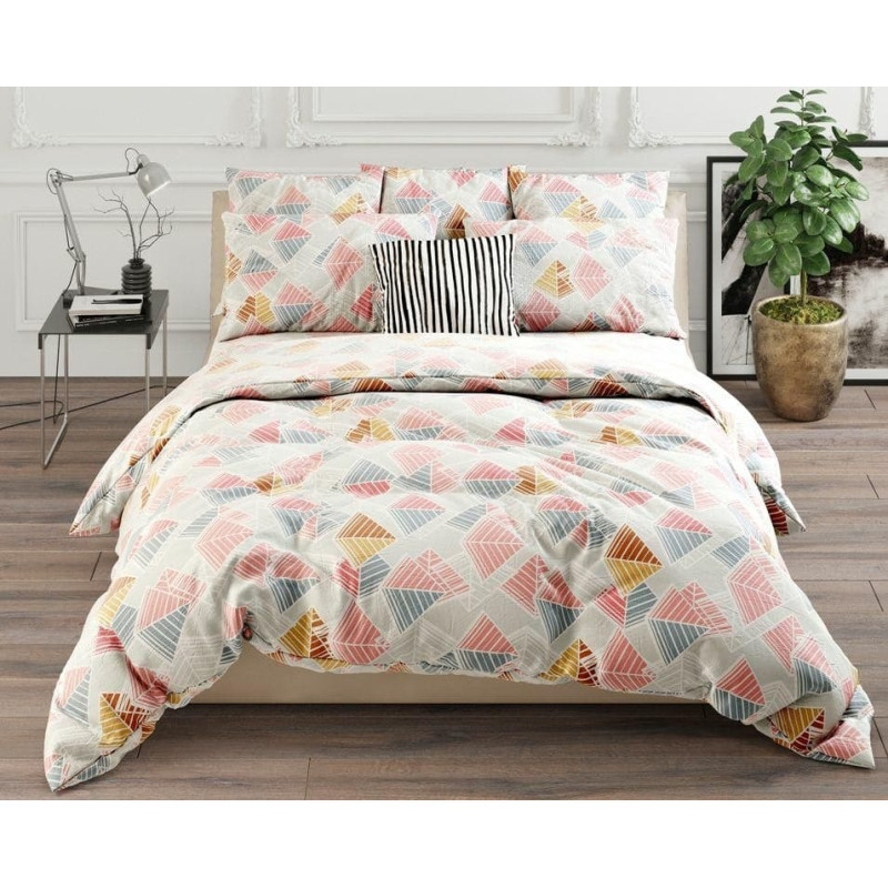 Kokvilnas gultas veļa 160x200 Trīsstūri ģeometriskas svītras piparmētru rozā pūderpelēks 28219/1 01