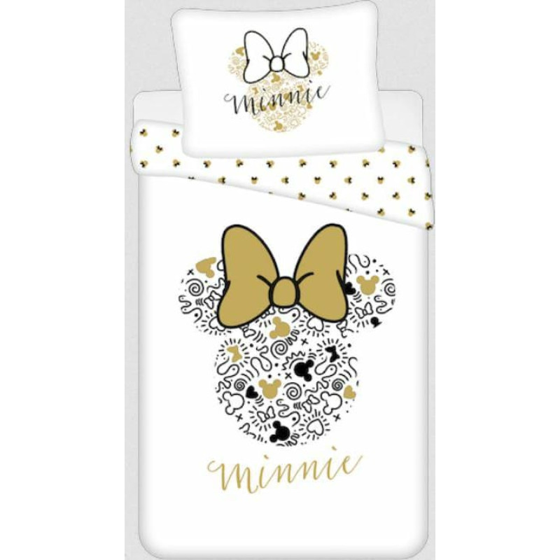 Kokvilnas gultas veļa 140x200 Minnie Gold Mini Mouse 8339 bantes spilvendrāna 70x90 balts bēšs