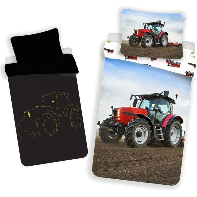 Tumsā mirdzoša gultas veļa 140x200 sarkans traktors 7745 spilvendrāna 70x90