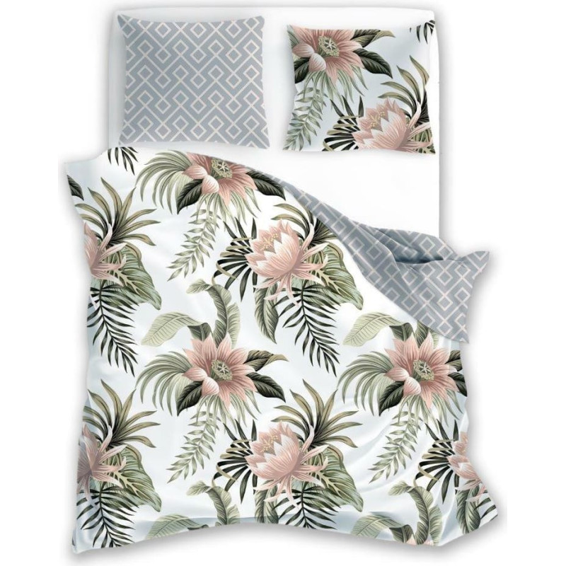 Kokvilnas gultasveļa 160x200 pelēkas monsteras lapas smilškrāsas ziedi Summer Dream 002