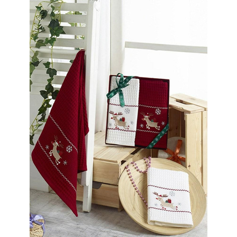 Ziemassvētku drānu komplekts 2x40x60 bordo balts ziemeļbriedis 3138 V10 Ziemassvētki 2022