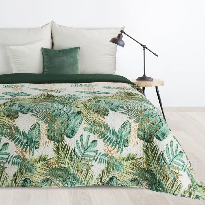 Dekoratīvais gultas pārklājs 220x240 Dawosa lapas balta zaļa D91