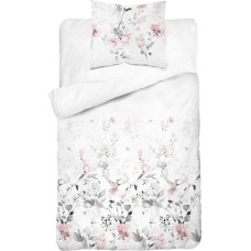 Satīna gultasveļa 140x200 balti pelēki rozā ziedi lapas 4402 B ar vienu spilvendrānu Home Satin 122