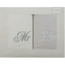 Dvieļu komplekts kastītē 2 gab 70x140 Mr Mrs balts sudrabs 360g/m2