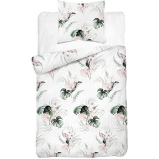 Satīna gultas veļa 140x200 4452 B balts zaļš pulveris monstera lapas ar vienu spilvendrānu Home Satin 126