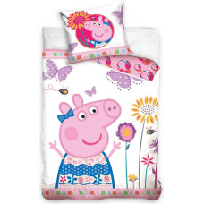 Kokvilnas gultasveļa 160x200 Peppa Pig 8481 balta ar tauriņiem un ziediem