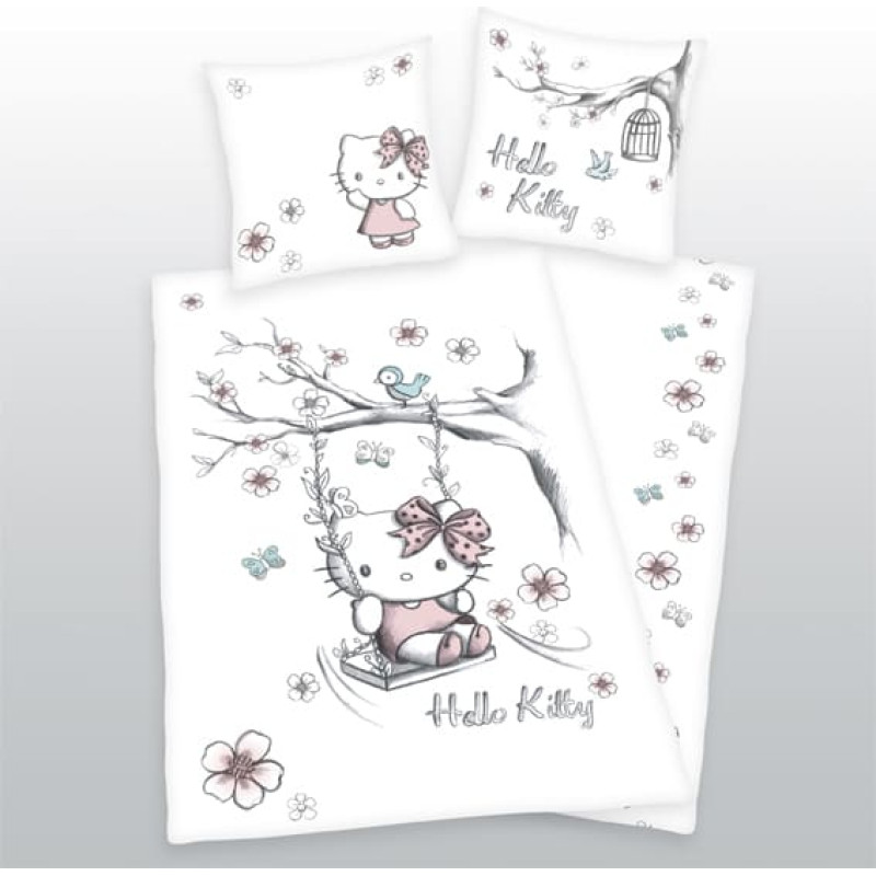 Kokvilnas gultas veļa 135x200 Hello Kitty 7160 Kitten balta spilvendrāna 80x80