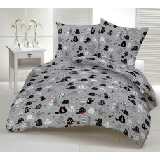 Kokvilnas gultasveļa 180x200 1237E pelēki kaķi peļu sirdis sarkanas kaklasaites 17a