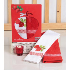 Frutta virtuves komplekts Sarkanās zemenes 1 dvielis 1 audums ar aplikāciju 50x70 2 gab. T28015-D