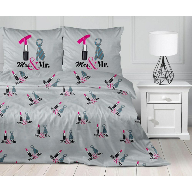 Kokvilnas gultas veļa 140x200 He She pelēkas lūpu krāsas rozā kaklasaites pārim Mr&Mrs Affaire