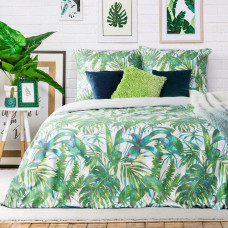 Satīna gultasveļa 220x200 tropu palmu lapas balta zaļa Tropu abpusēja