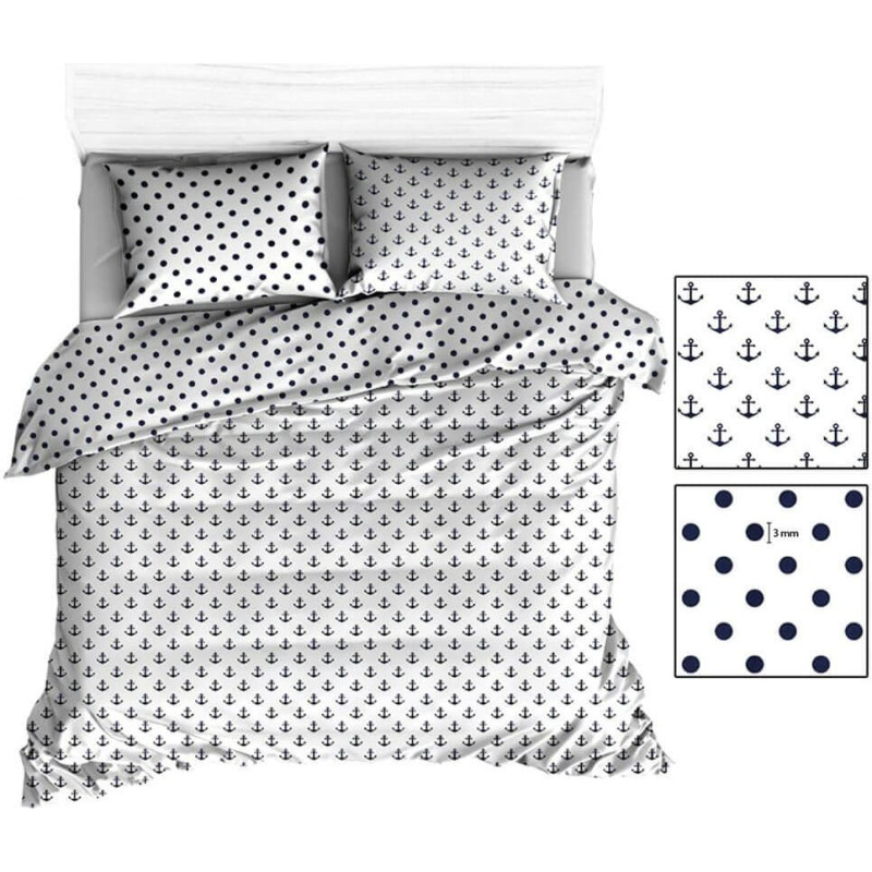 Kokvilnas gultas veļa 140x200 R135 balti enkuri tumši zili polka punktiņi 38N 249N