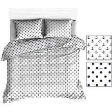 Kokvilnas gultas veļa 200x220 R135 balti enkuri tumši zili polka punktiņi 38N 249N