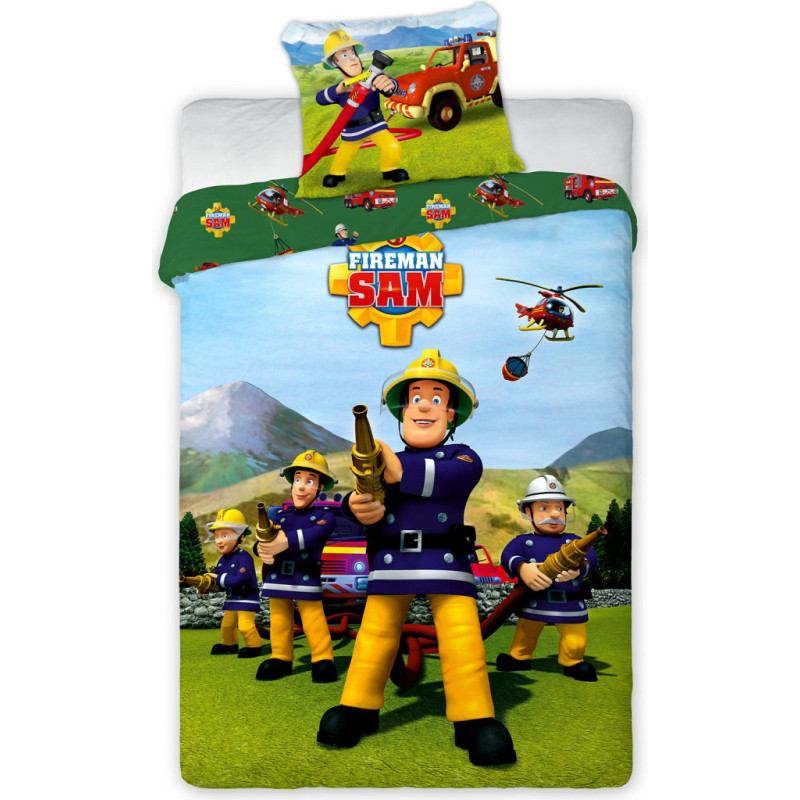 Kokvilnas gultas veļa 140x200 Fireman Sam fire brigade 8788 ugunsdzēsēju mašīna ugunsdzēšamais aparāts helikopters helikoptera spilvendrāna 70x90