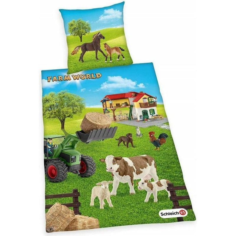 Kokvilnas pakaiši 140x200 Farm ciems 3980 suns kaķis govs traktors zirgs aita gailis dzīvnieki spilvendrāna 70x90