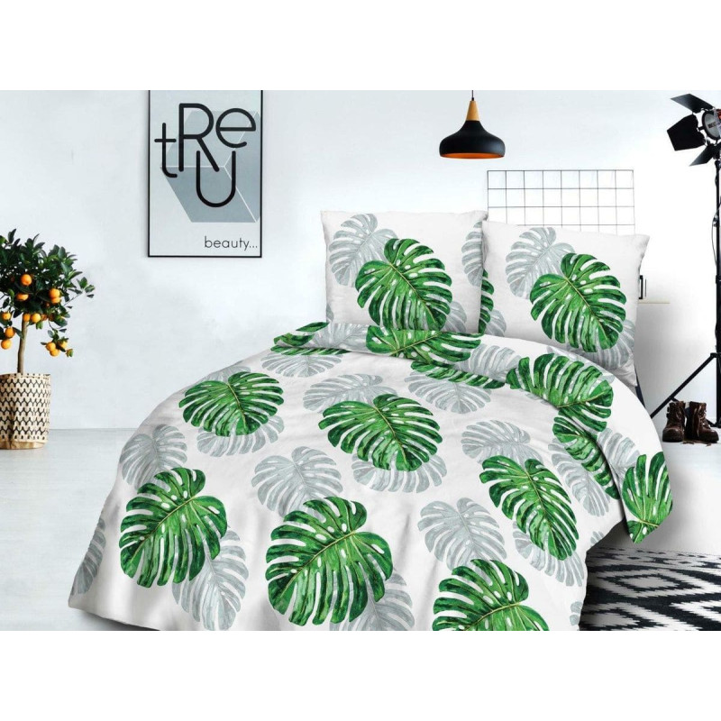 Kokvilnas gultas veļa 180x200 71428/1 balta zaļa pelēka monstera lapas Cottonlove