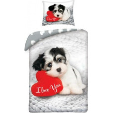 Kokvilnas gultas veļa 140x200 Słodki Pasek 6794 Sweet Dog I love You Valentīna diena sarkans sirds džemperis spilvendrāna 70x90