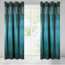 Gatavs aizkars ar cilpām 140x250 Gala tirkīza samts, dekorēts ar sudraba apdruku