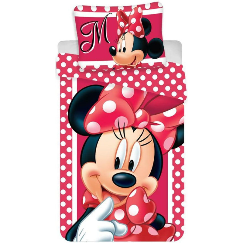 Kokvilnas gultas veļa 140x200 Mini Mouse 3068 Minnie Mouse punktiņi sarkani polkas punktiņi abpusēja spilvendrāna 70x90