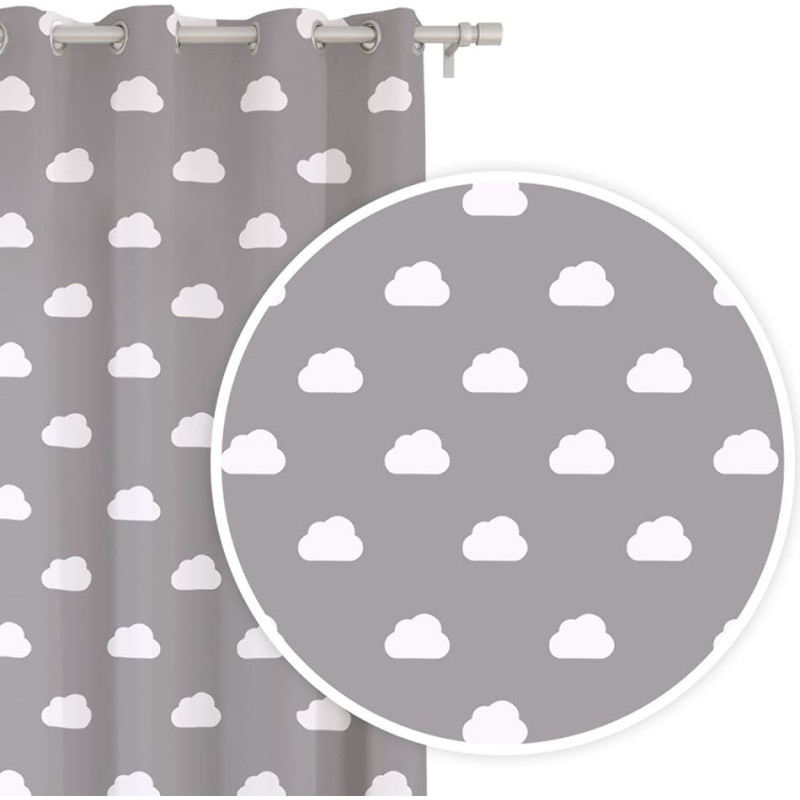 Gatavs aizkars 140x250 pelēks ar baltiem mākoņiem uz cilpām