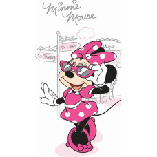 Kokvilnas dvielis 70x140 Mini Minnie Mouse iepirkties kafejnīcā balti rozā 1095