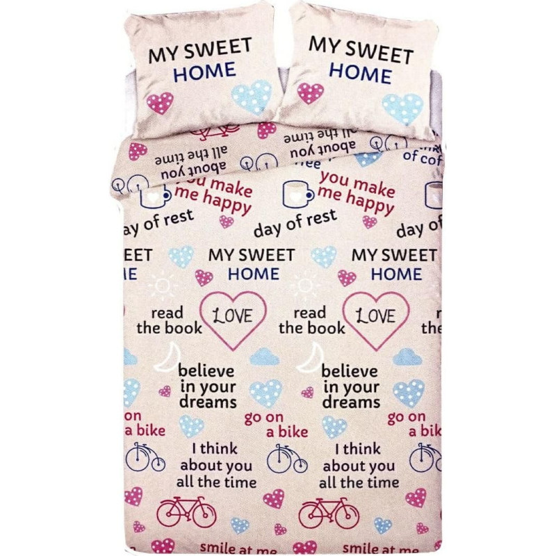 Kokvilnas gultas veļa 140x200 My Sweet Home velosipēdi sirdis mīlestība smilškrāsas jaunība 3118