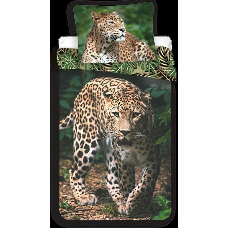 Kokvilnas gultas veļa 140x200 Leopard Leopard Pantera palmu lapas monstera zaļa 5031 spilvendrāna 70x90