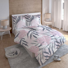 Satīna gultasveļa 160x200 monstera palmu lapas rozā pelēka balta 3288 B Mājas satīns