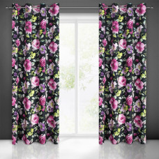 Aizkars 140x250 Mira ziedi melni rozā dzelteni violets samts gatavs ar cilpām