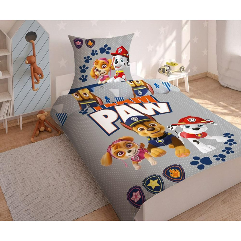 Kokvilnas gultas veļa 140x200 Paw Patrol Paw pelēki punktiņi 7389 Team Paw PP 09 DC Chase Marshall Skye komandas draugi