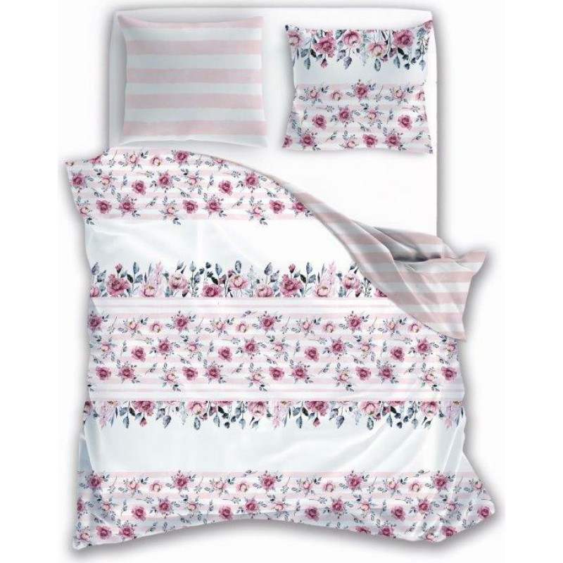Satīna gultasveļa 160x200 Fashion 004 rozes ziedi balti rozā svītras abpusēji 4757