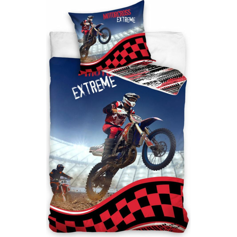 Kokvilnas gultas veļa 140x200 Motor cross Extreme 7027 sarkana zila jauniešu spilvendrāna 70x90