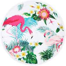 Boho apaļš pludmales segas dvielis 08 Rozā flamingo 150 cm mikrošķiedra 250g/m2 palmu lapu ziedi