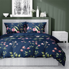 Kokvilnas gultasveļa 140x200 ziedi 3845 A tumši zila Cotton 1