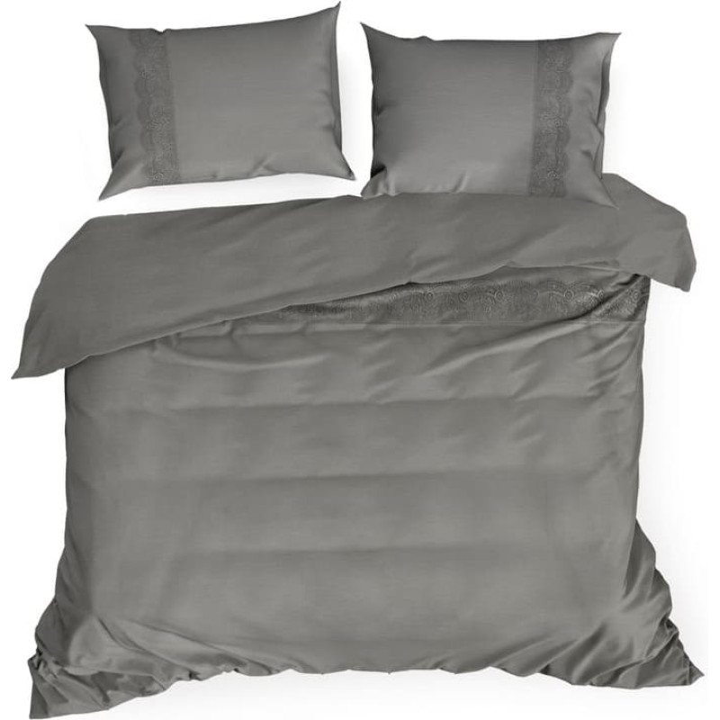 Kokvilnas gultas veļa 160x200 Lana 1 tumši pelēka ar mežģīnēm, izšūta, vienkrāsains Premium
