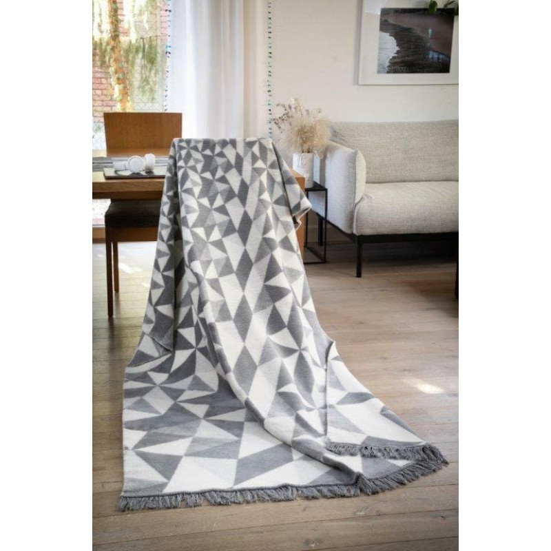 Akrila kokvilnas sega 150x200 1711/1 lieli trīsstūri balts pelēks gultas pārklājs pleds ar bārkstīm