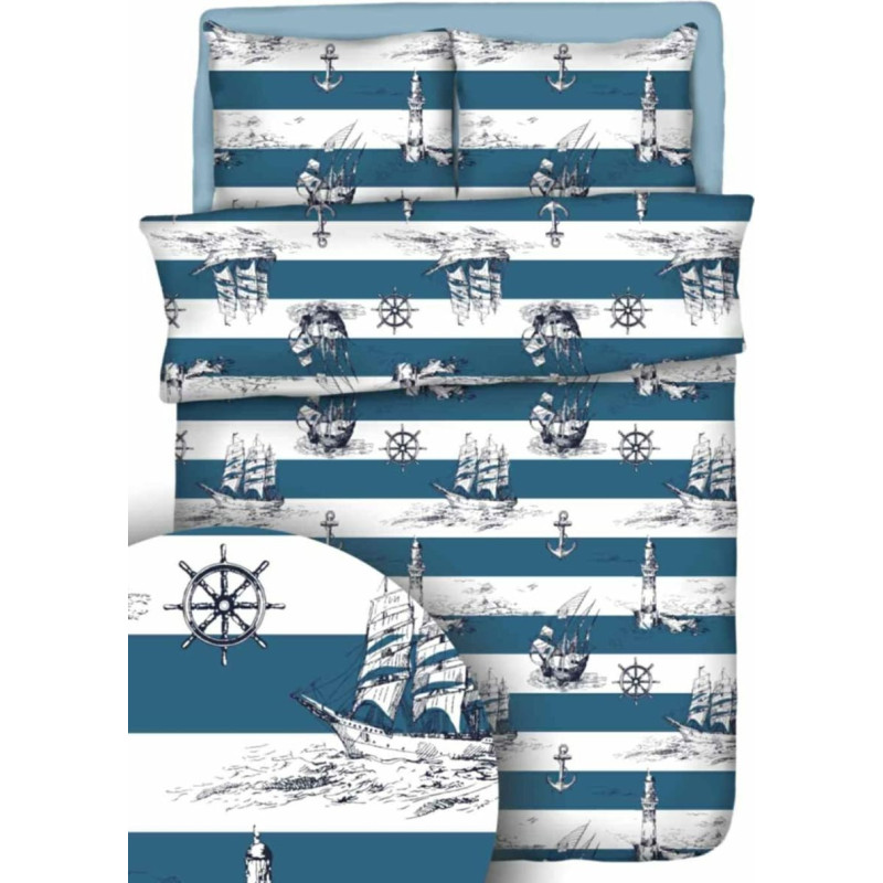 Kokvilnas spilvendrāna 40x40 jūras balti zili kuģi enkuri bākas svītras 21908/1 kokvilna Max