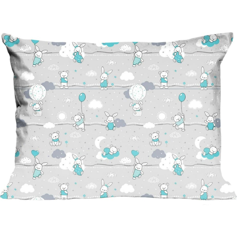 Kokvilnas spilvendrāna 40x60 55K rotaļu lācīši zaķi pelēki tirkīza Kids 24