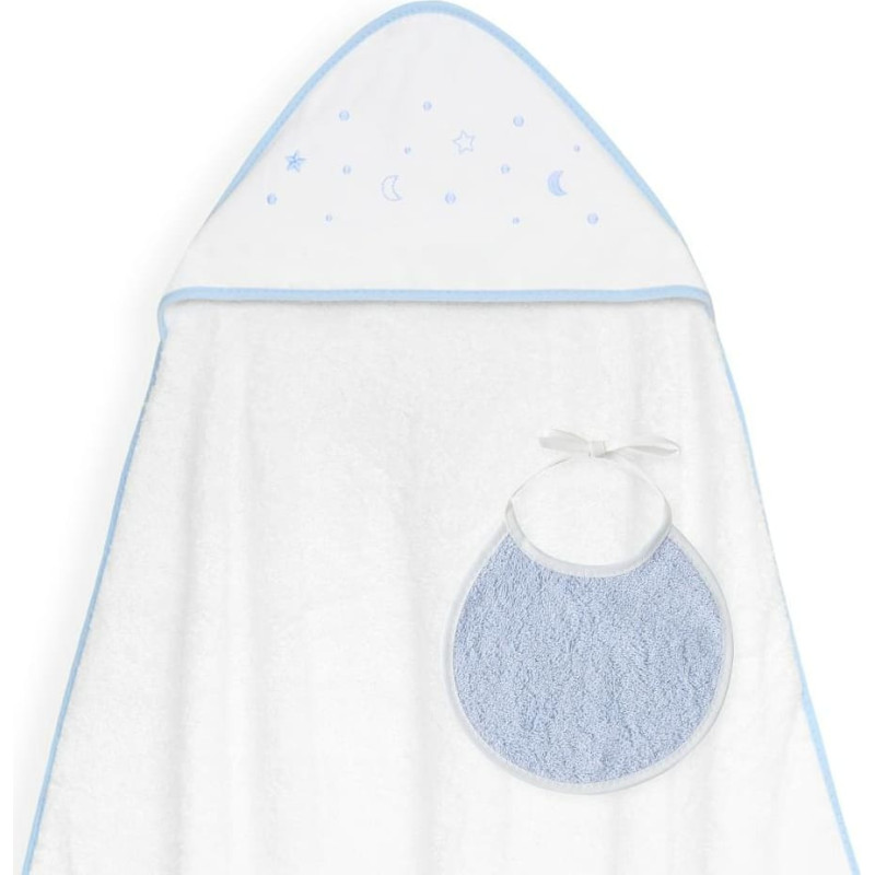 Interbaby Vannas dvielis 100x100 Esrellas balts zils dvielis ar kapuci + priek&scaron;autiņ&scaron;
