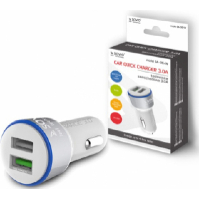 Lādētājs Savio Car Quick Charge Charger LED Diode White