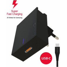 Swissten Premium 25W Samsung Super Fast Charging lādētājs ar 1.2 m USB-C uz USB-C kabeli Melns