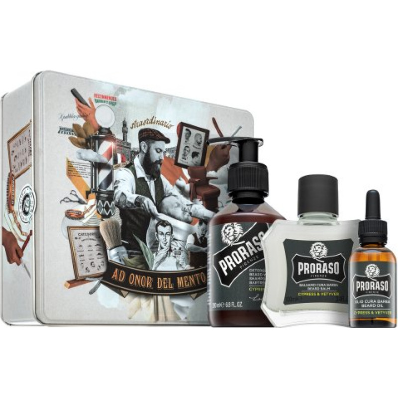Proraso Cypress And Vetiver dāvanu komplekts Metāla kastīte Bārdas kopšanas līdzeklis 200 ml + 100 ml + 30 ml
