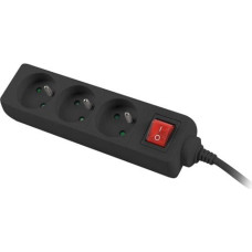 Power strip 1.5m, black, 3 sockets, with switch, cable made of solid copper