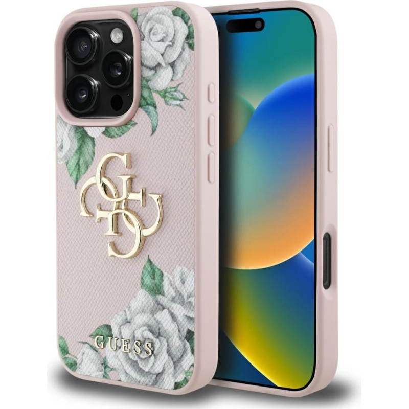 Case Guess Grained Roses Big 4G logo for  iPhone 16 Pro Max pink