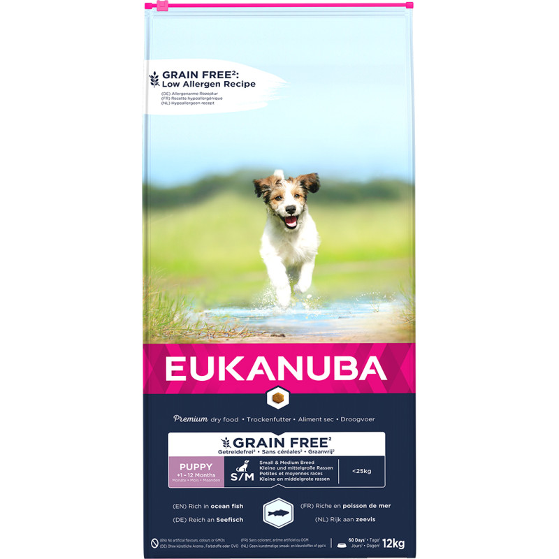 Eukanuba Sausa barība kucēniem - Eukanuba Puppy & Junior, Small & Medium, GRAIN FREE OCEAN FISH 12kg