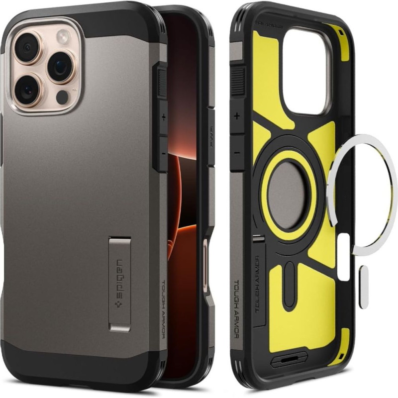 Spigen iPhone 16 Pro Max izturīgais MagSafe vāciņš ar statīvu — ierocis metālā