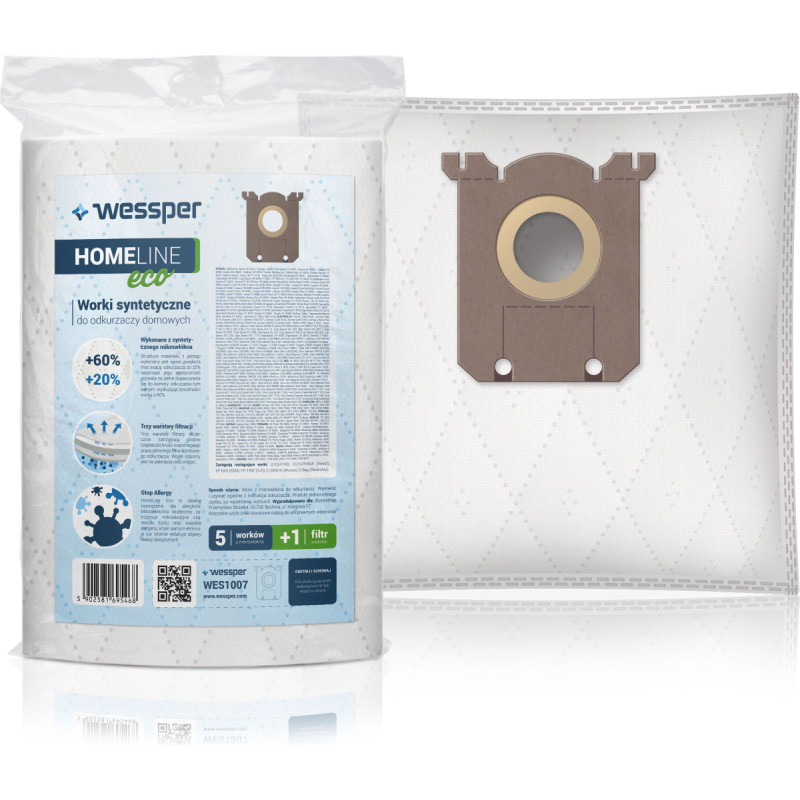 Wessper S-Bag synthetic for AEG  Electrolux  Philips (Microfibers; wessper WES1007; 5 pcs + 1 filter)