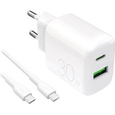 Puro USB-A USB-C sienas lādētājs ar 30 W 1,2 m USB-C kabeli - balts