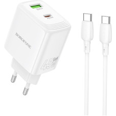 Borofone Wall charger BN30 Cargador GaN - USB + Type C - QC 3.0 PD 45W with Type C to Type C cable white
