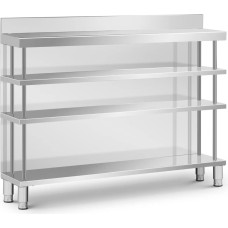 Royal Catering Bāra galds, darba virsma, ēdinā&scaron;anas uzņēmums, ar apmali, 4 plaukti, TĒRAUDS, 150 x 30 x 105 cm